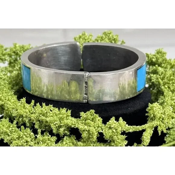 Vintage Taxco Turquoise Inlay Sterling Silver Chunky Clamper Bracelet - Picture 4 of 7